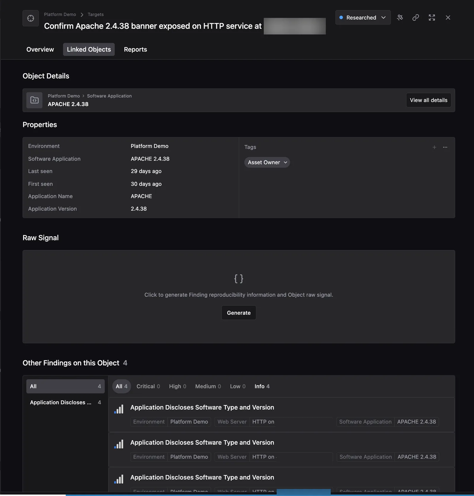 Linked Objects tab on a Target showing Object Details for APACHE 2.4.38, its Properties and Tags, a Raw Signal section with a Generate button, and four related Findings under Other Findings on this Object