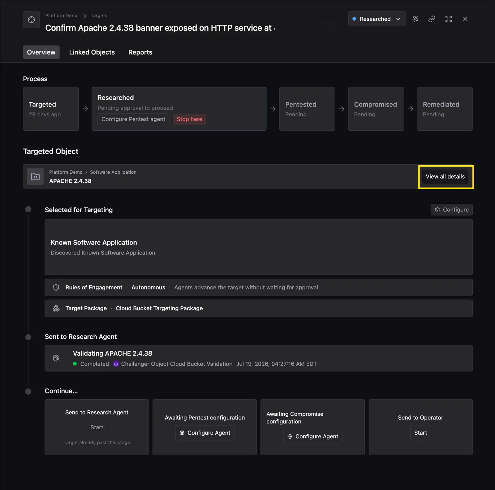 Target Overview tab with the View all details button highlighted next to the Targeted Object APACHE 2.4.38