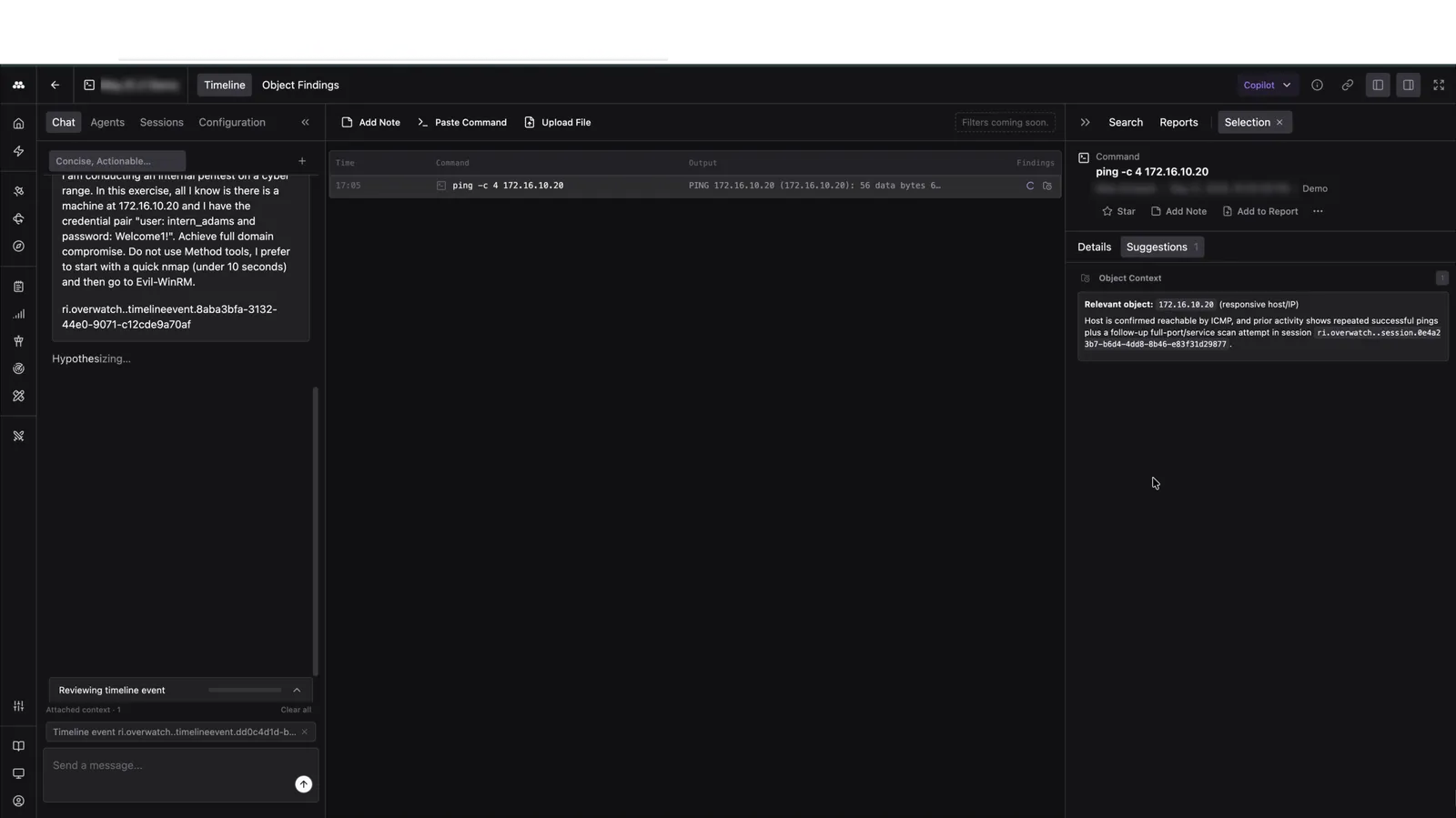 Overwatch on the Timeline view with Selection panel showing command details and suggestions. Data shown is notional.