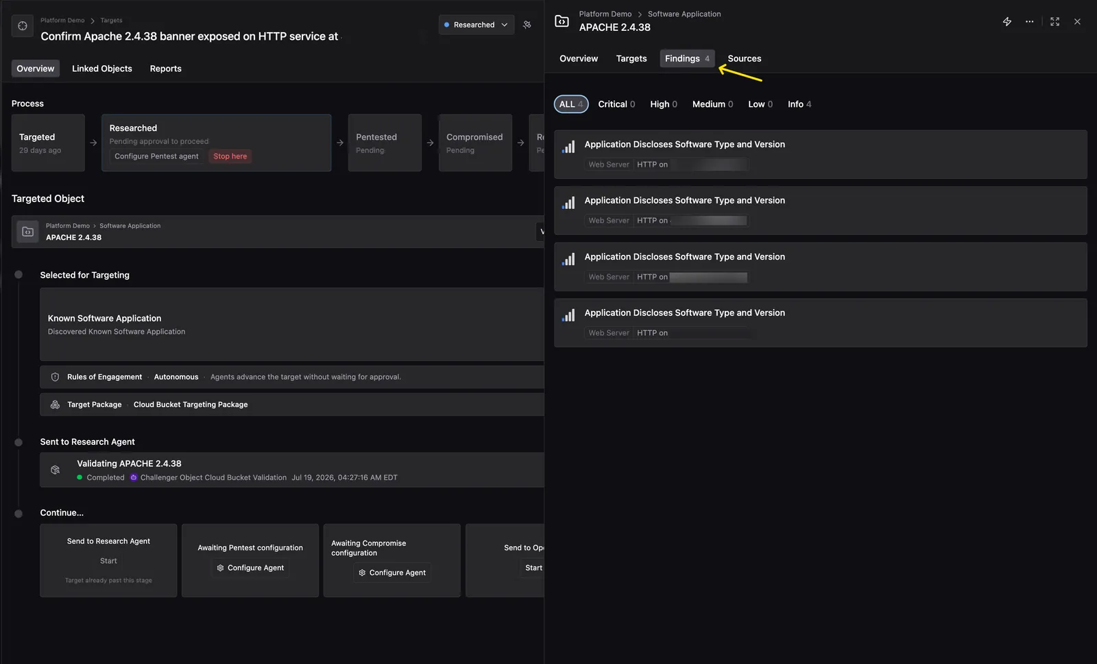 Findings tab for the APACHE 2.4.38 Object, listing four Application Discloses Software Type and Version Findings with an Info severity filter