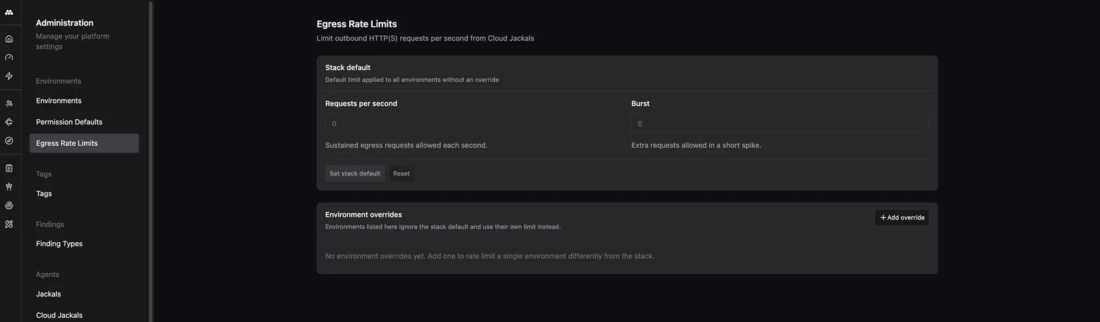 Egress Rate Limits page in the Administration app, showing an Instance default card with Requests per second and Burst fields above Set instance default and Reset buttons, and an Environment overrides card for rate limiting a single Environment differently from the instance default