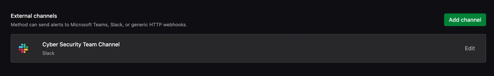 External channels list showing the Cyber Security Team Channel Slack channel connected, with an Edit control