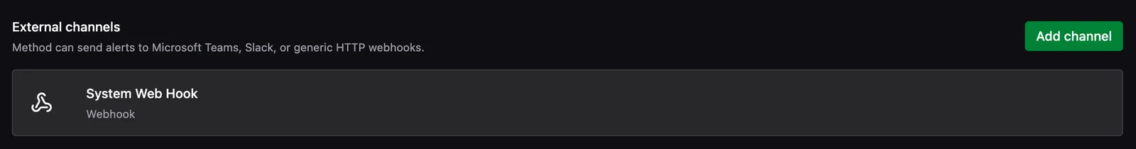 External channels list showing the System Web Hook Webhook channel connected