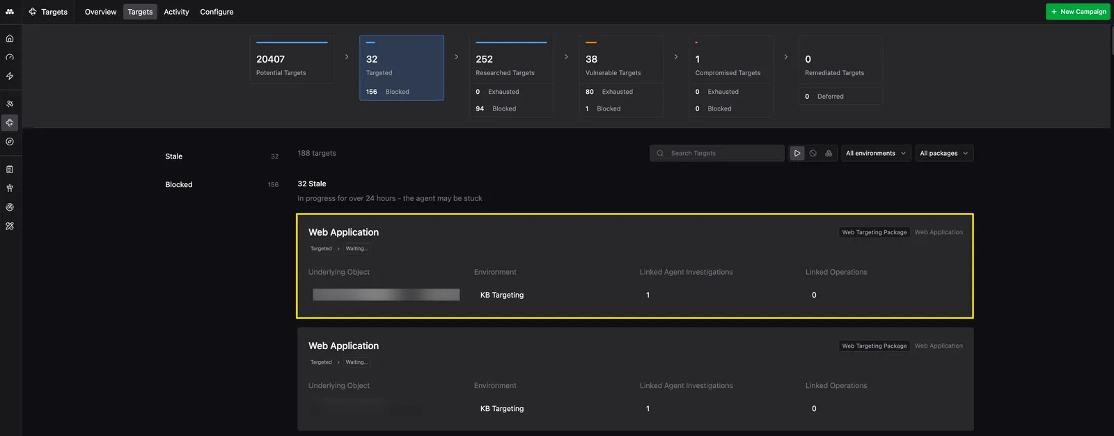 The Targets tab with the Targeted status card selected, filtering the list to Targeted assets; a Target is highlighted in the Stale group showing its Web Targeting Package, Targeted then Waiting status, KB Targeting Environment, and linked investigation counts