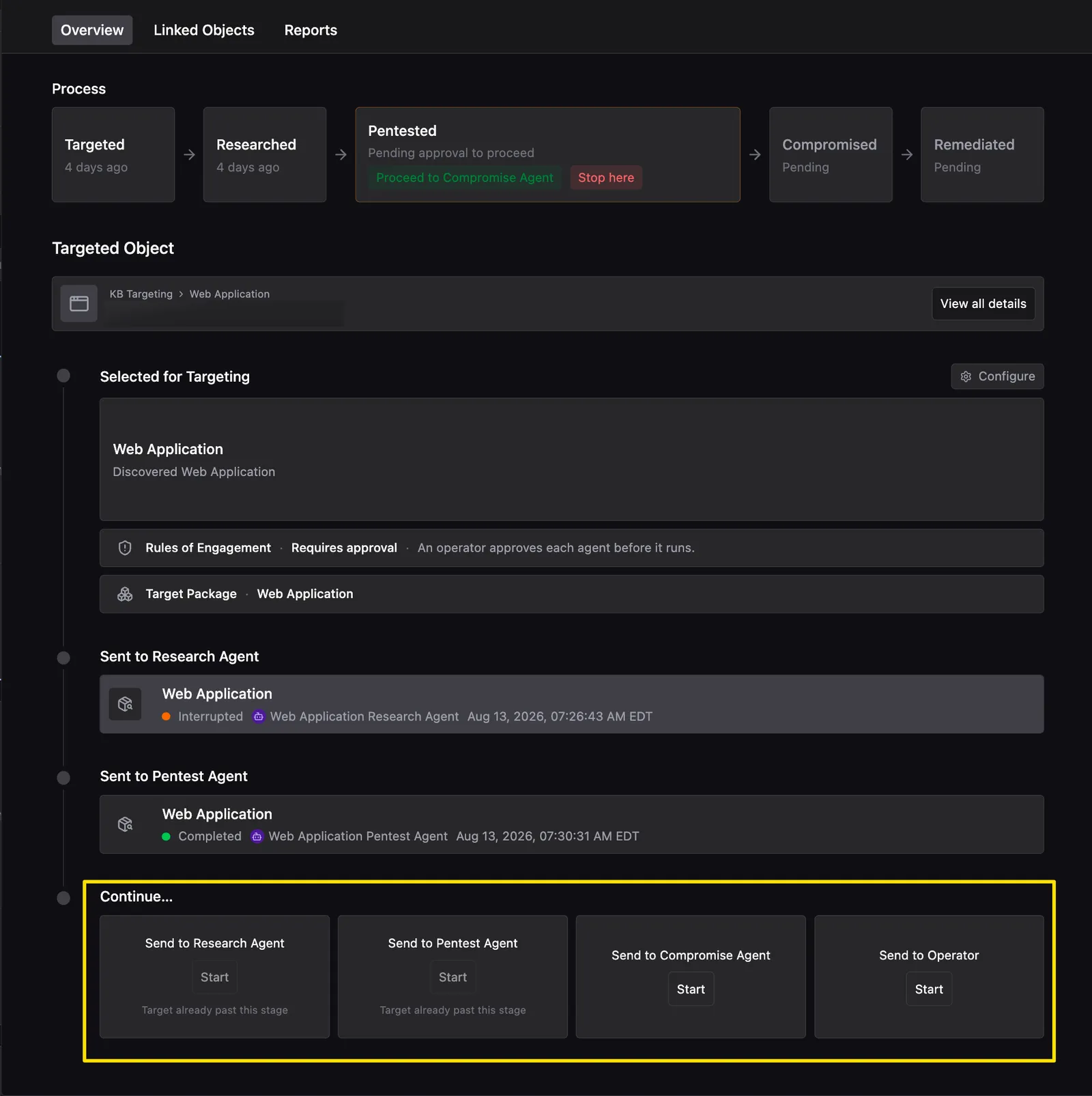 Target Overview tab with the Continue section highlighted at the bottom, showing four cards: Send to Research Agent, Send to Pentest Agent, Send to Compromise Agent, and Send to Operator, above the timeline of prior Research and Pentest Agent runs