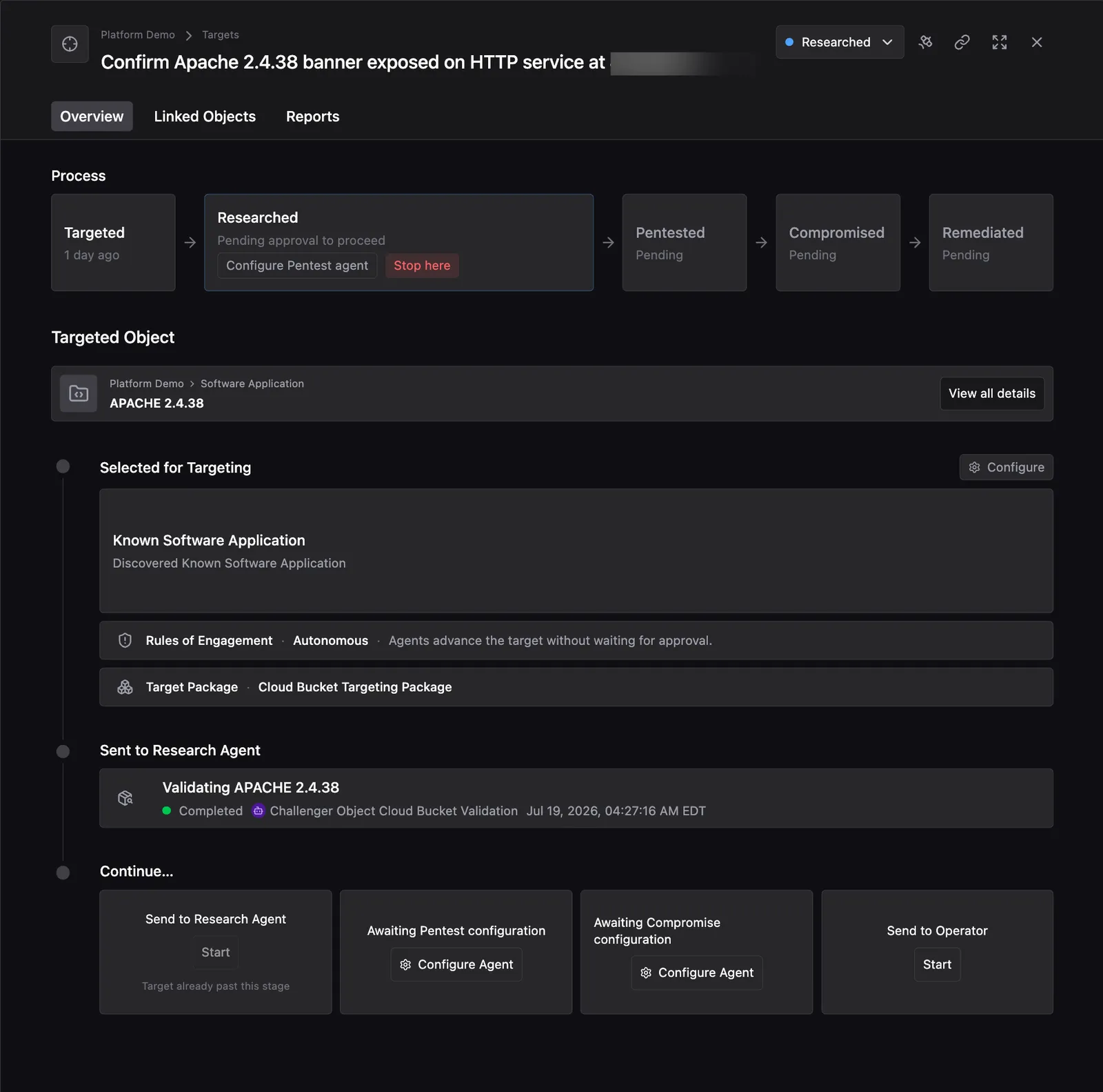 Target Overview tab showing the Process pipeline with Researched pending approval to proceed, the Targeted Object APACHE 2.4.38, Rules of Engagement and Target Package, and the timeline of Agent runs and Continue options