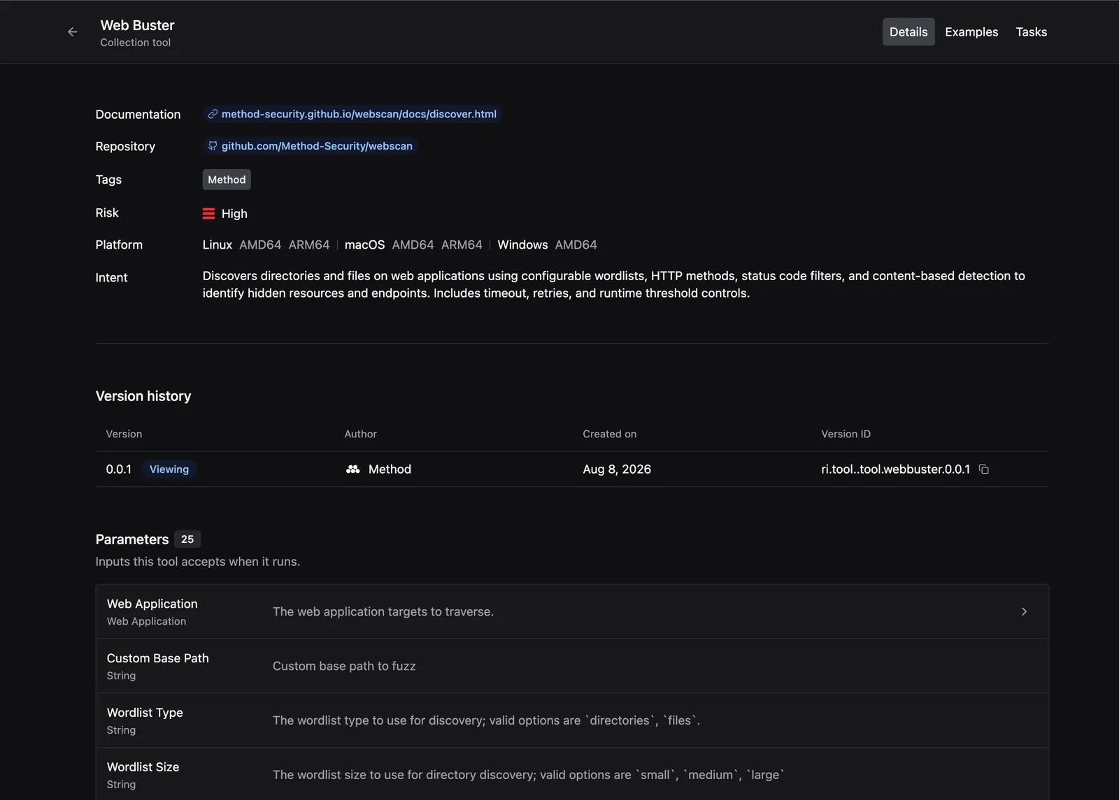 Web Buster details page showing documentation links, risk, supported platforms, intent, version history, and parameters, with Details, Examples, and Tasks tabs