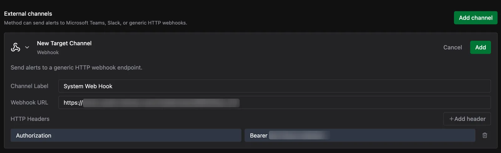 Webhook channel form with an HTTP header added: Authorization set to a Bearer token, with a delete control beside it