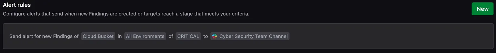 A saved Alert rule reading Send Alert for new Findings of Cloud Bucket in All Environments of CRITICAL to Cyber Security Team Channel, routed to a Slack channel, under the Alert rules section