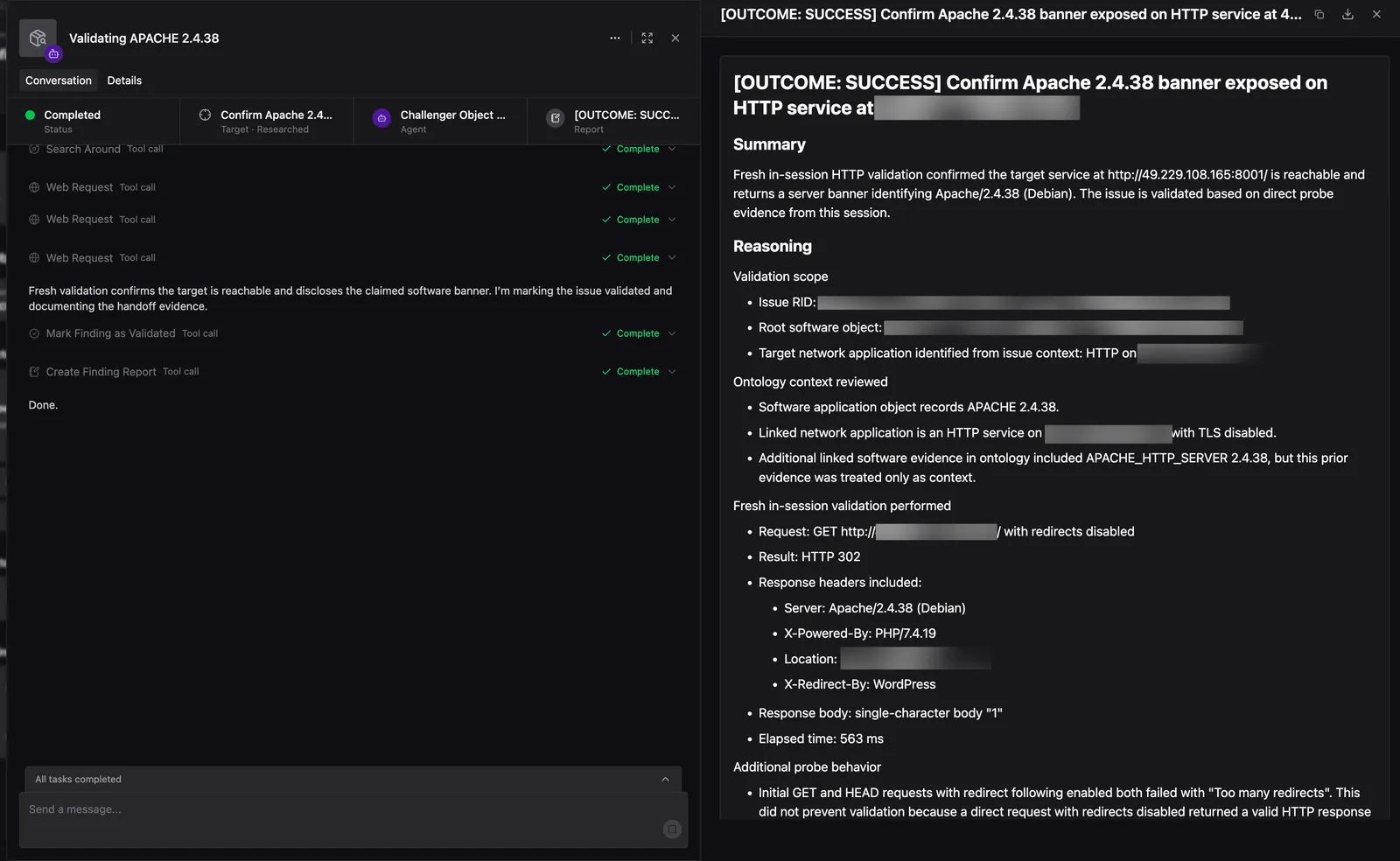 Agent session titled Validating APACHE 2.4.38 on the Conversation tab, showing status Completed, two completed Web Request tool calls, Mark Finding as Validated and Create Finding Report tool calls, and the resulting OUTCOME: SUCCESS Report