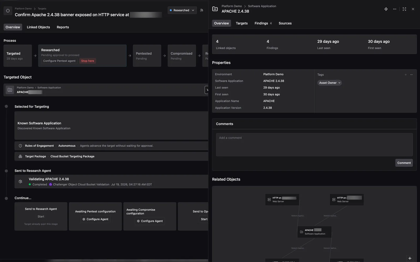 Overview tab for a Software Application Object named APACHE 2.4.38, showing Linked Objects and Findings counts, Properties including Environment, Application Name, and Application Version, an Asset Owner tag, a Comments field, and a Related Objects graph