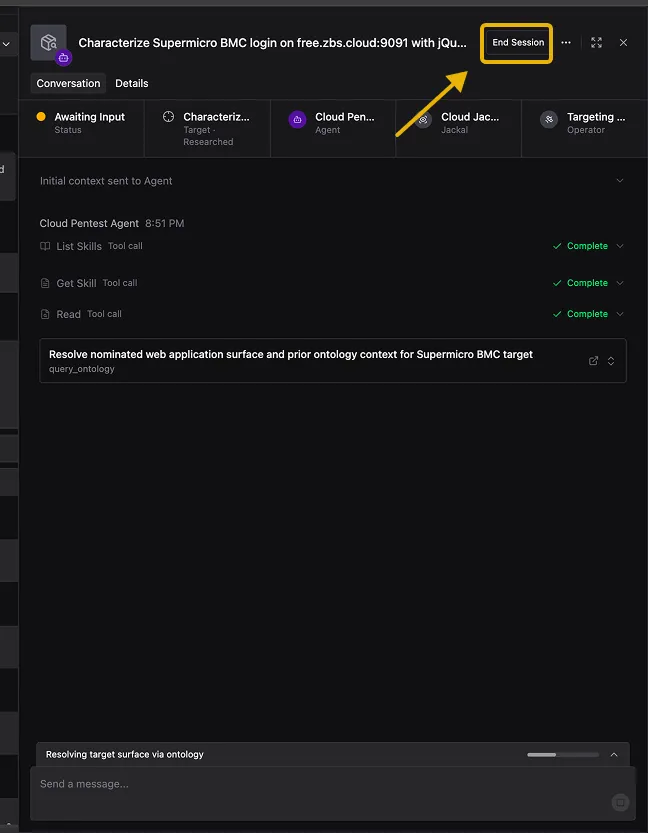 Live Agent session with the End Session button highlighted in the top right.