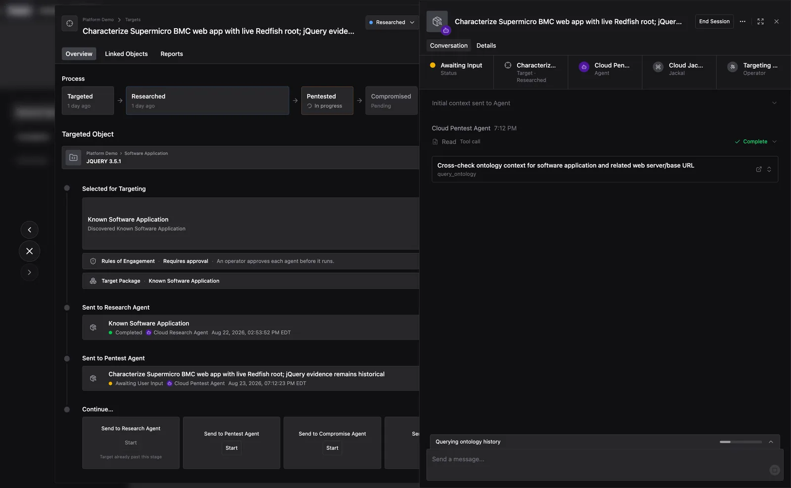 Live Agent session view showing the conversation with tool calls, interim notes, and a chat input for asking the Agent questions.
