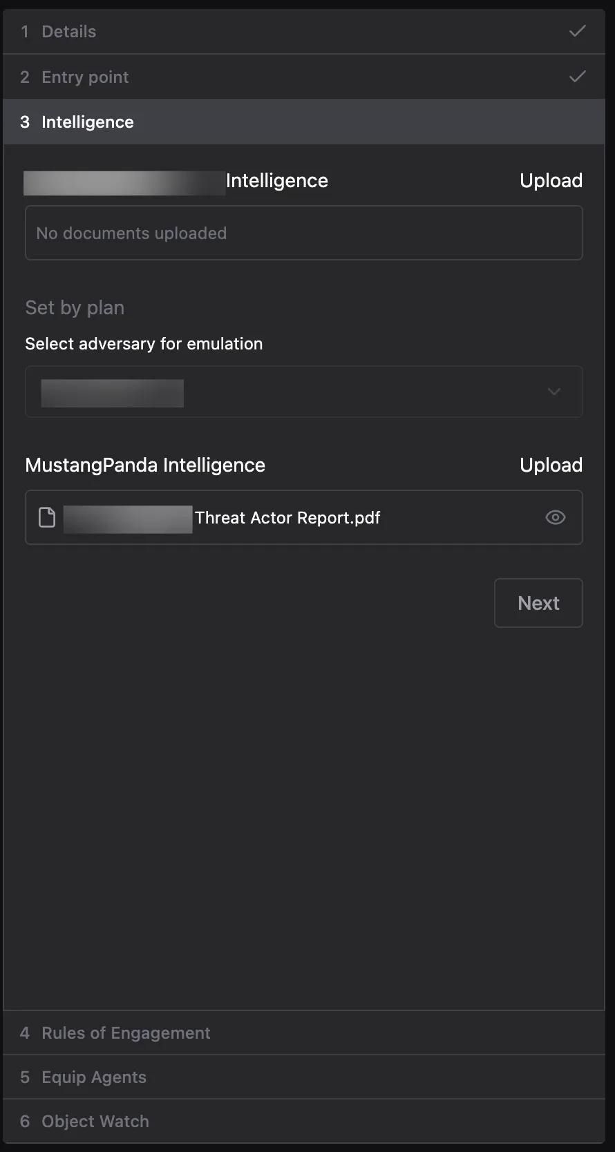 Intelligence step showing an upload area titled after the Environment with no documents uploaded, a Select adversary for emulation dropdown marked Set by plan, and a second upload area titled after the Adversary listing an uploaded threat actor report PDF