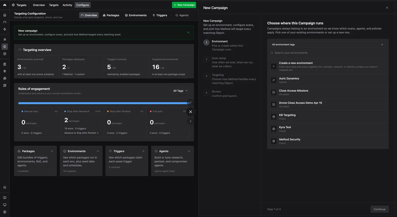 New Campaign wizard step 1 showing a searchable list of existing Environments.