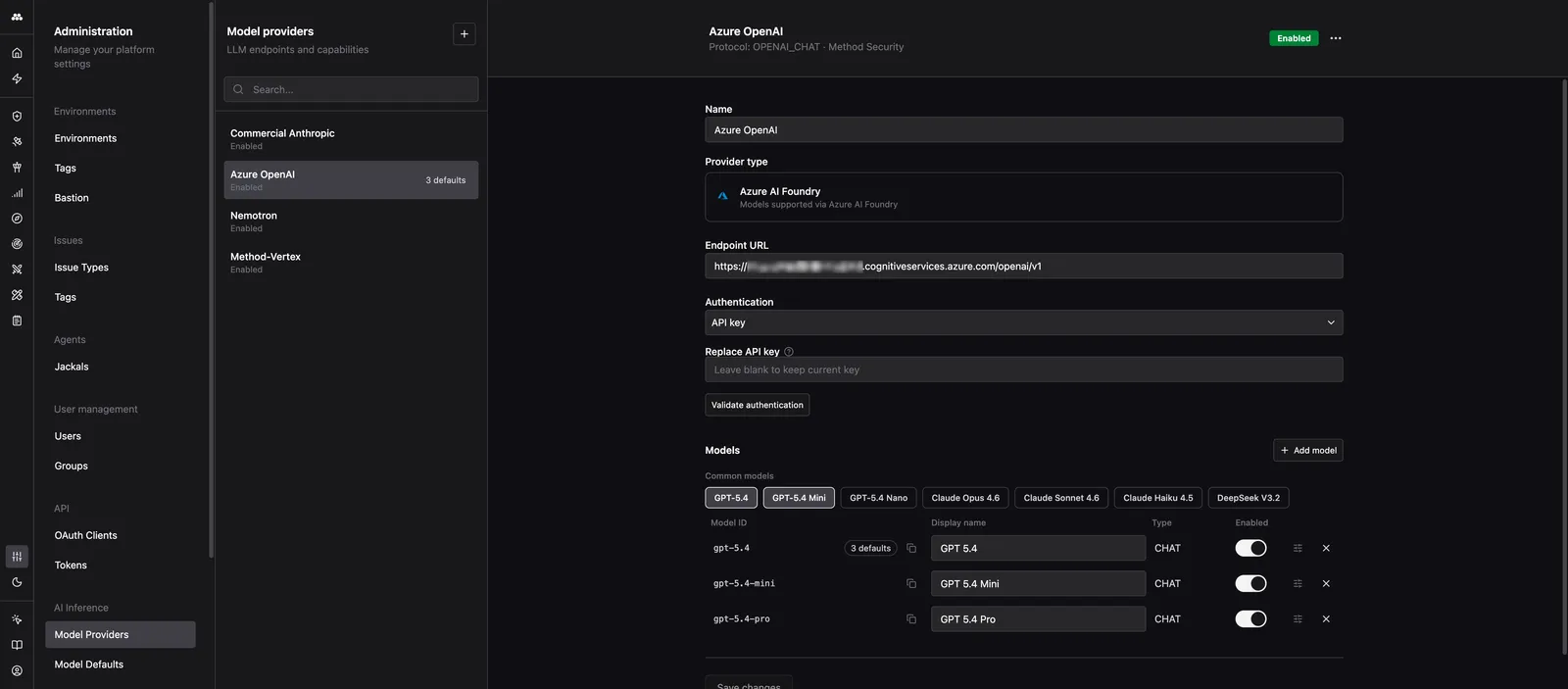Model Providers page showing a list of providers and the selected provider's configuration