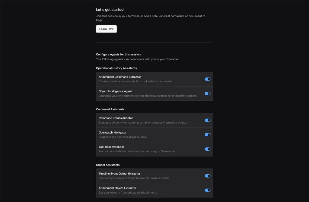 The Configure Agents panel inside an Overwatch session, with Agents grouped into Operational History Assistants, Command Assistants, and Object Assistants. Each Agent has a name, a short description, and an enable toggle.