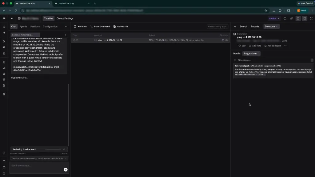 Overwatch session view in the Method Platform showing a Timeline of captured terminal commands on the left, with a ping command selected and the Selection panel on the right open to the Suggestions tab listing AI-generated next steps grounded in that command.