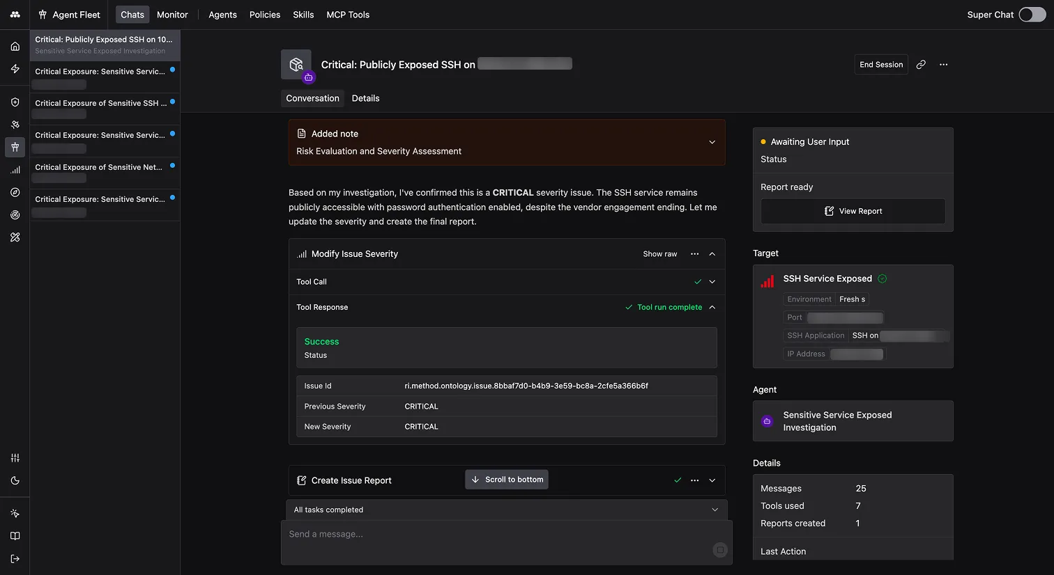 Agent Fleet conversation view showing investigation results, severity confirmation, and generated report
