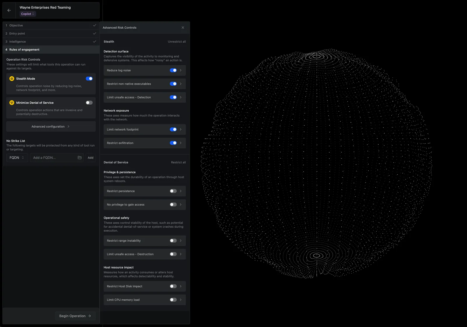 The Wayne Enterprises Red Teaming New Operation form on the Rules of Engagement step, with the prior Objective, Entry point, and Intelligence steps checked off, Stealth Mode toggled on and Minimize Denial of Service toggled off in the Operation Risk Controls section, a No Strike List input below them, and an Advanced Risk Controls side panel open showing toggles for Reduce log noise, Restrict non-native executables, Limit unsafe access, Limit network footprint, Restrict exfiltration, and other risk axes.
