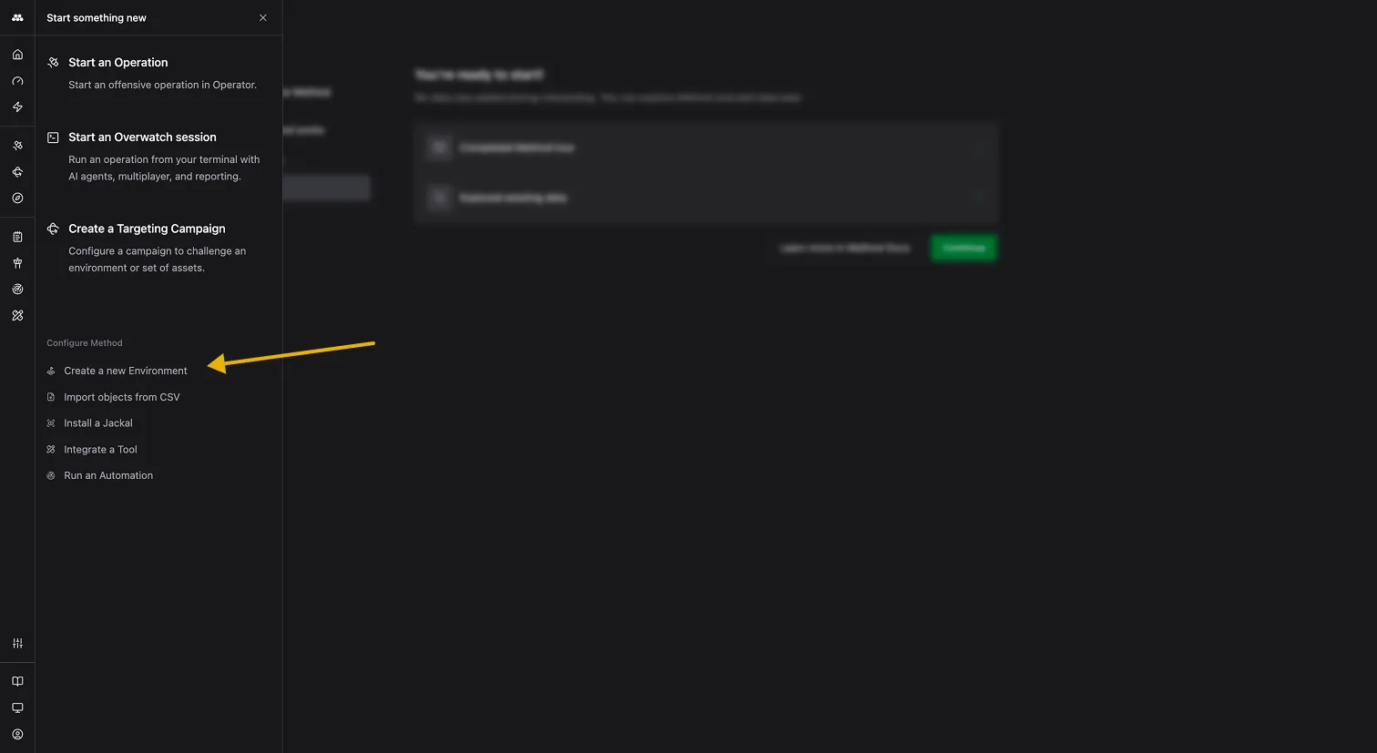 Start something new menu with a yellow arrow pointing at the Create a new Environment option.