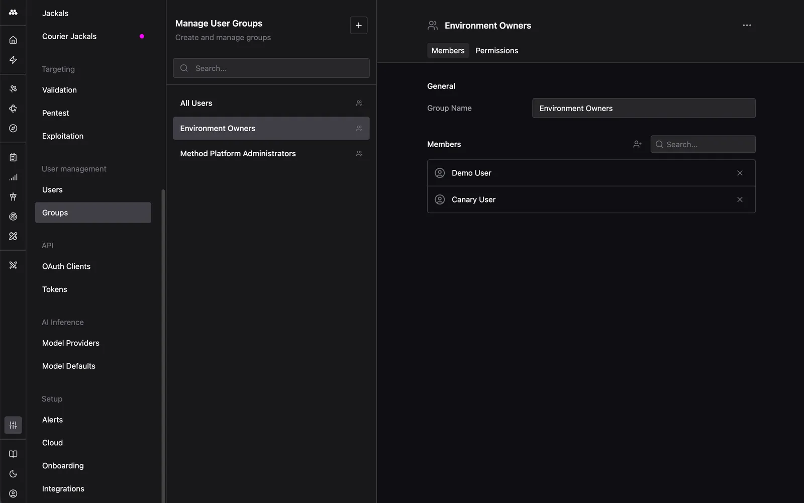 Group administration page showing a list of groups and the users in each group