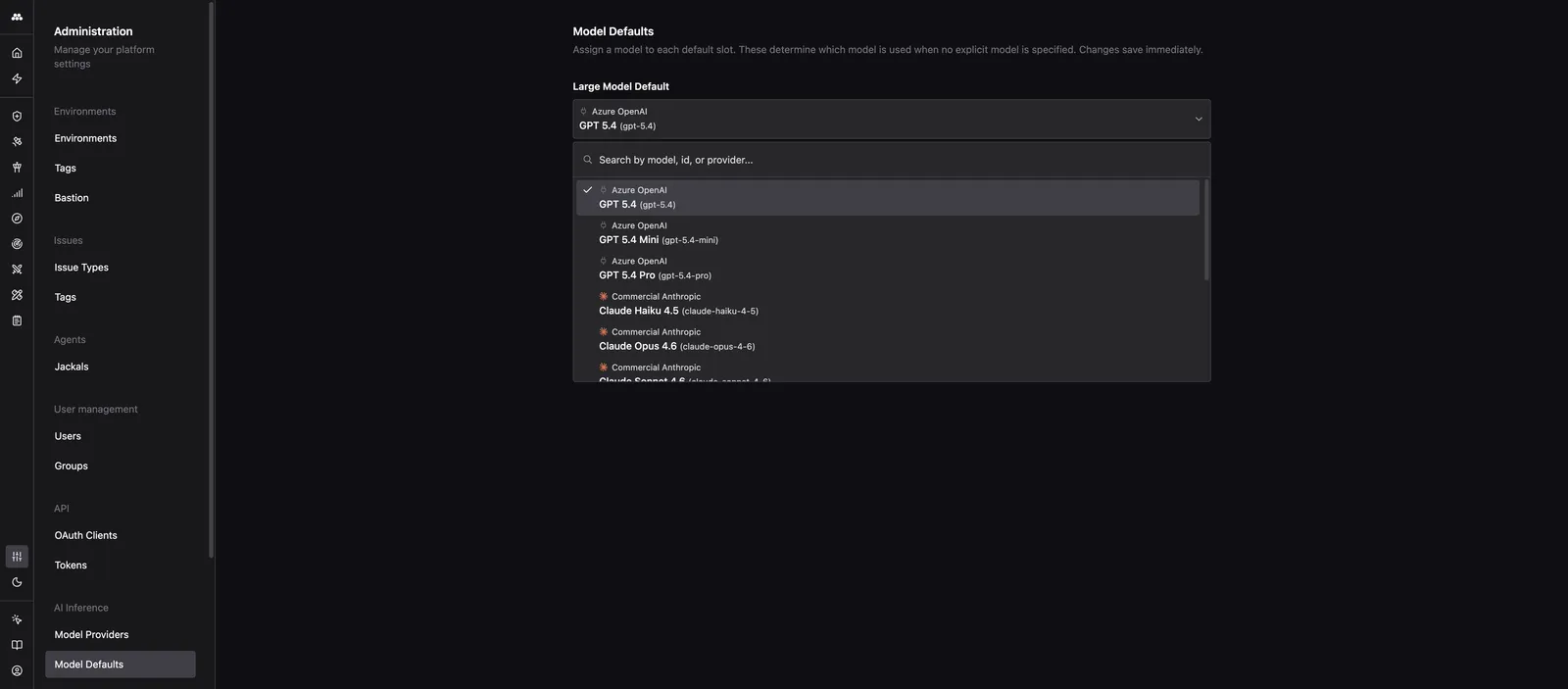 Model Defaults page with dropdowns for Large, Medium, and Small model defaults