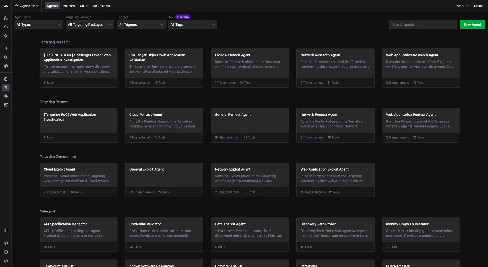 Agent Fleet overview showing Agent cards grouped by stage with filters for Agent Type, Targeting Package, Triggers, and Tags.