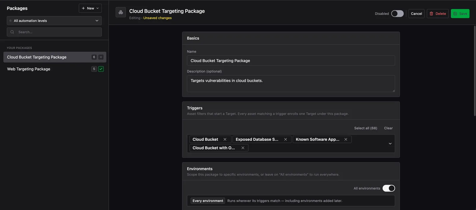 Package edit form showing the Cloud Bucket Targeting Package with four triggers selected
