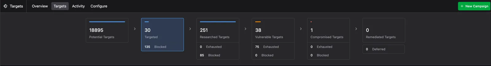 The Targeting funnel showing columns for Potential Targets, Targeted, Researched Targets, Vulnerable Targets, Compromised Targets, and Remediated Targets.