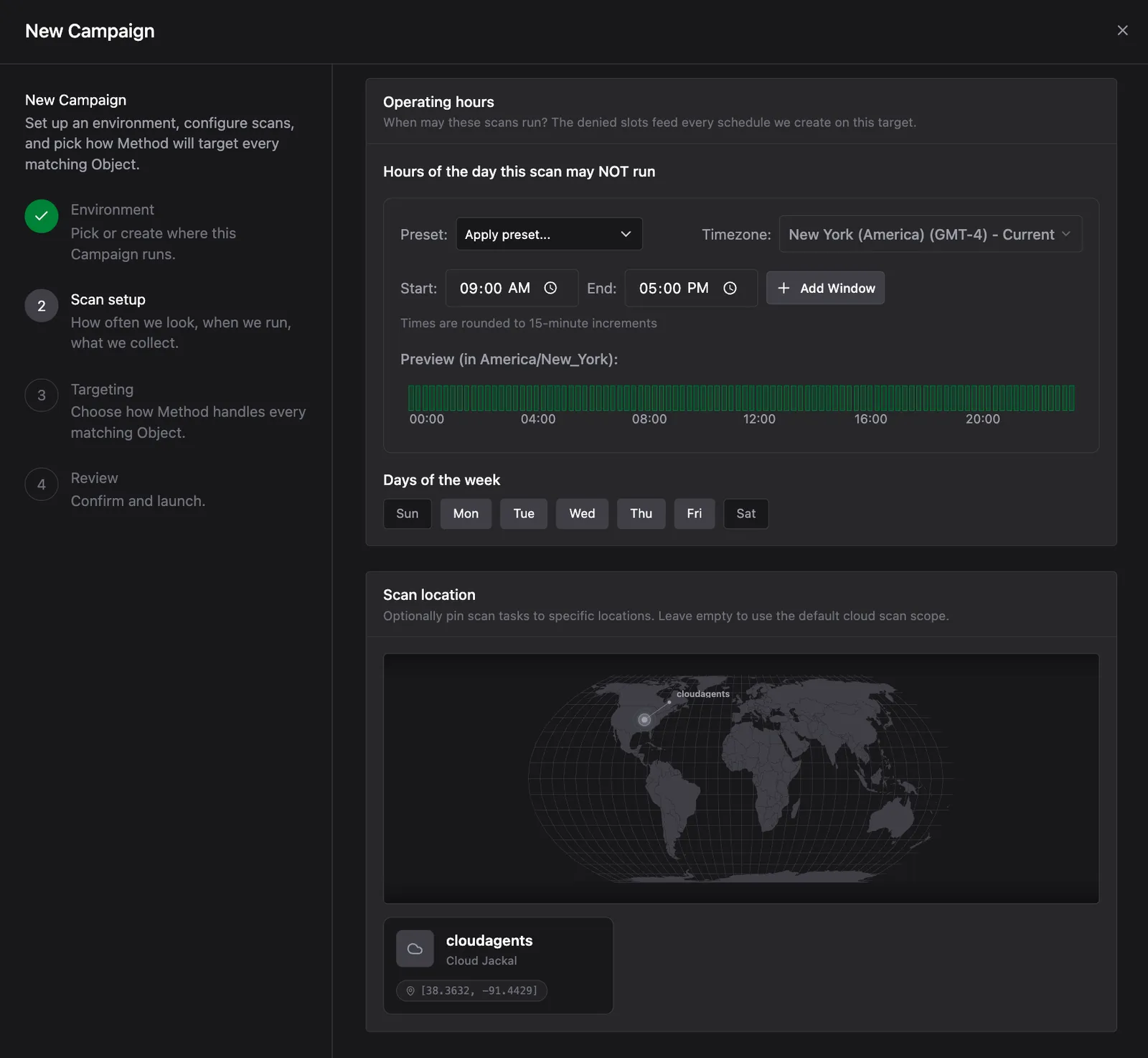 Lower portion of the scan setup screen showing an operating hours timeline preview with green bars indicating allowed hours, a days of the week selector with Mon through Fri selected, and a Scan location section with a world map showing a cloudagents Jackal pinned at coordinates 38.3632, -91.4429