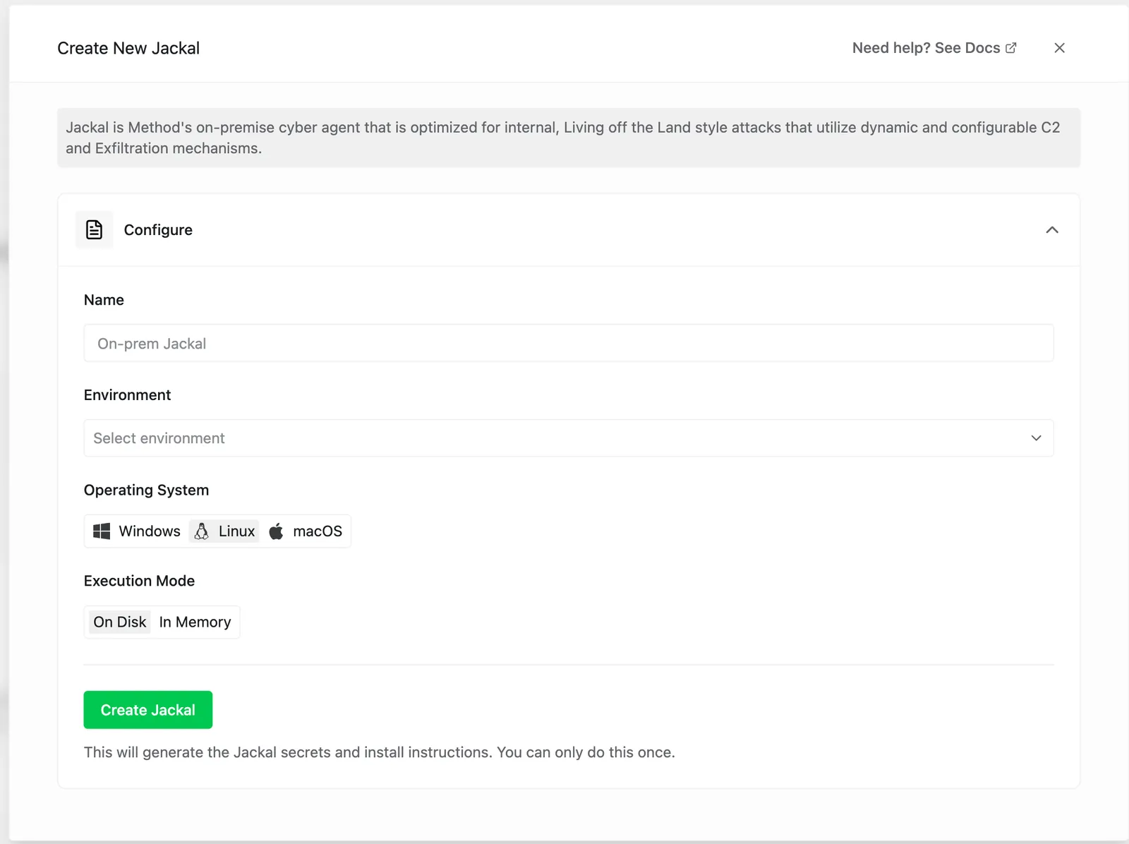 The Create New Jackal modal in the Method Platform with fields for Name, Environment, Operating System (Windows, Linux, macOS), and Execution Mode (On Disk, In Memory), and a Create Jackal button at the bottom.