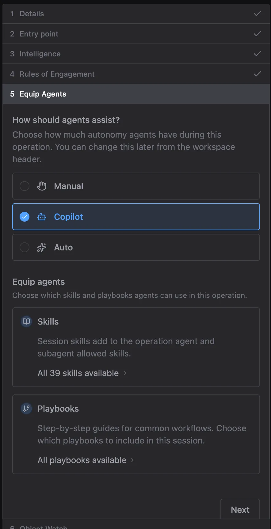 Equip Agents step with the heading How should agents assist? above Manual, Copilot, and Auto autonomy options with Copilot selected, and Skills and Playbooks summary cards below