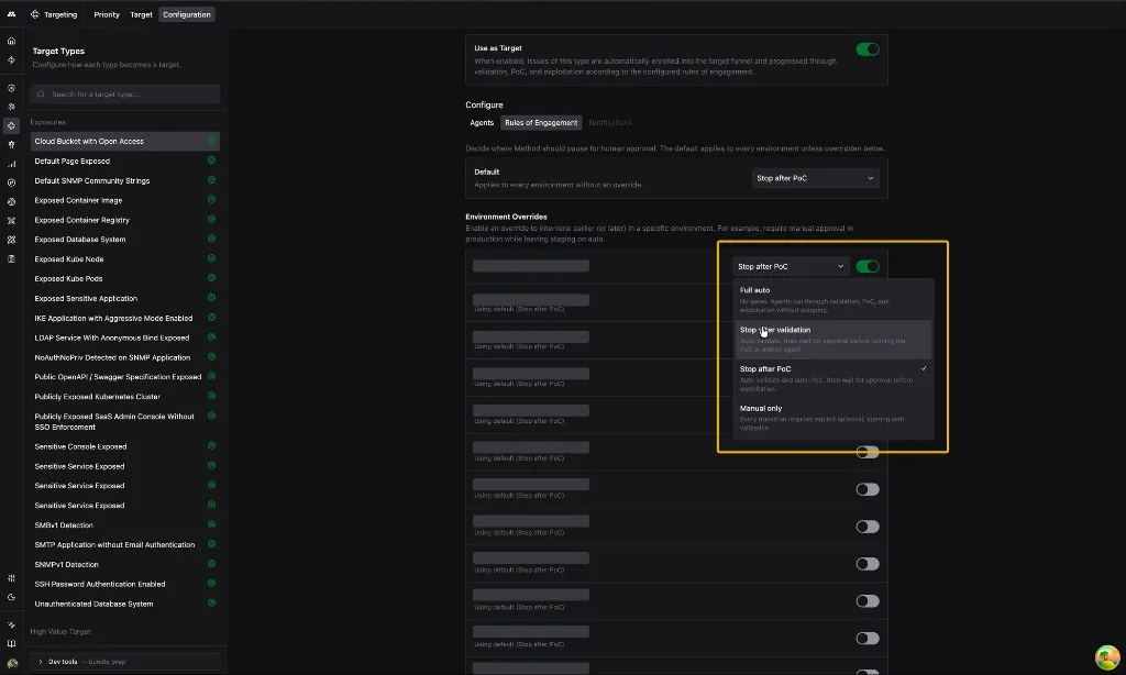 Targeting Configuration screen for the Cloud Bucket with Open Access Target Type, with the Use as Target toggle enabled, a Default Rule of Engagement of Stop after PoC, and an Environment Overrides dropdown open in yellow showing Full auto, Stop after validation, Stop after PoC, and Manual only.