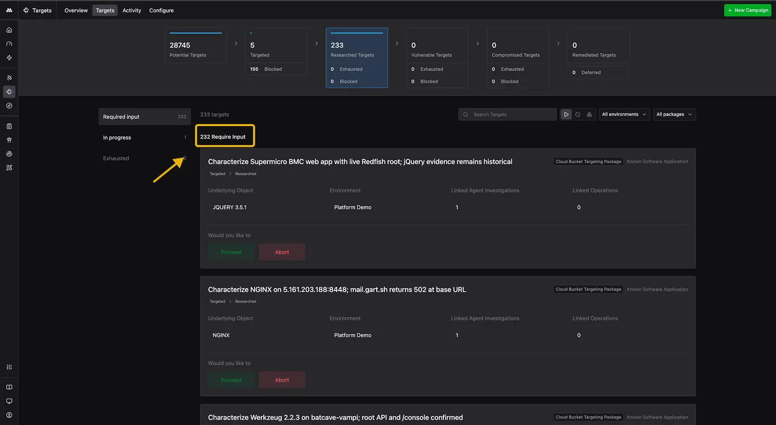 Targets tab showing Required input section in the left sidebar, with Target cards displaying Agent session summaries and Proceed/Abort buttons.