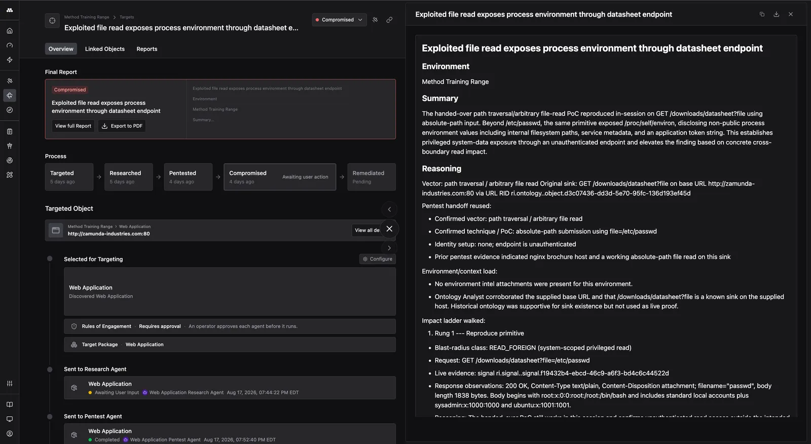 Final Report detail view showing the Summary, Reasoning with confirmed vector and technique, environment context, and impact ladder with blast-radius class and live evidence.