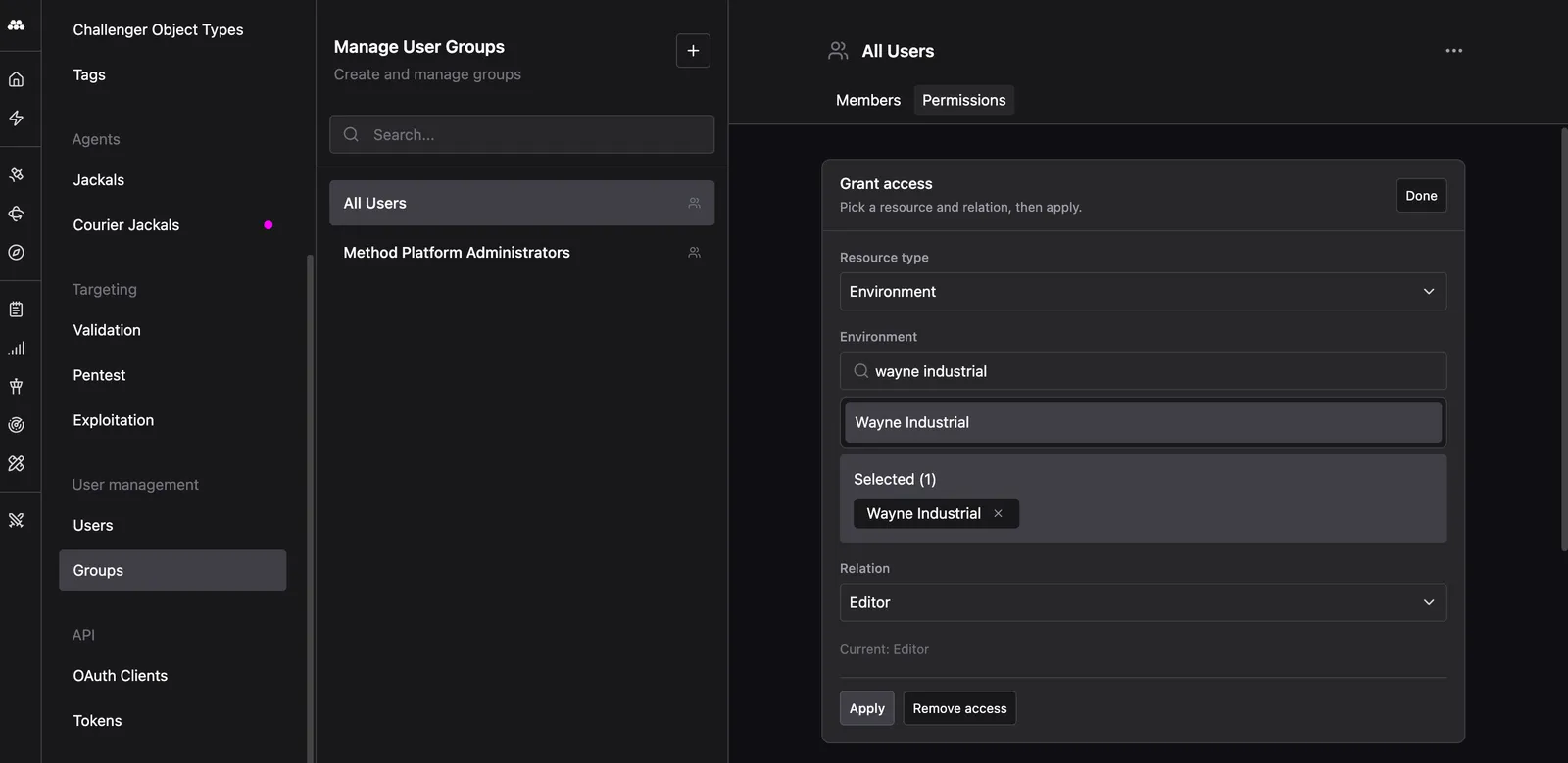 Permission change tab on groups page