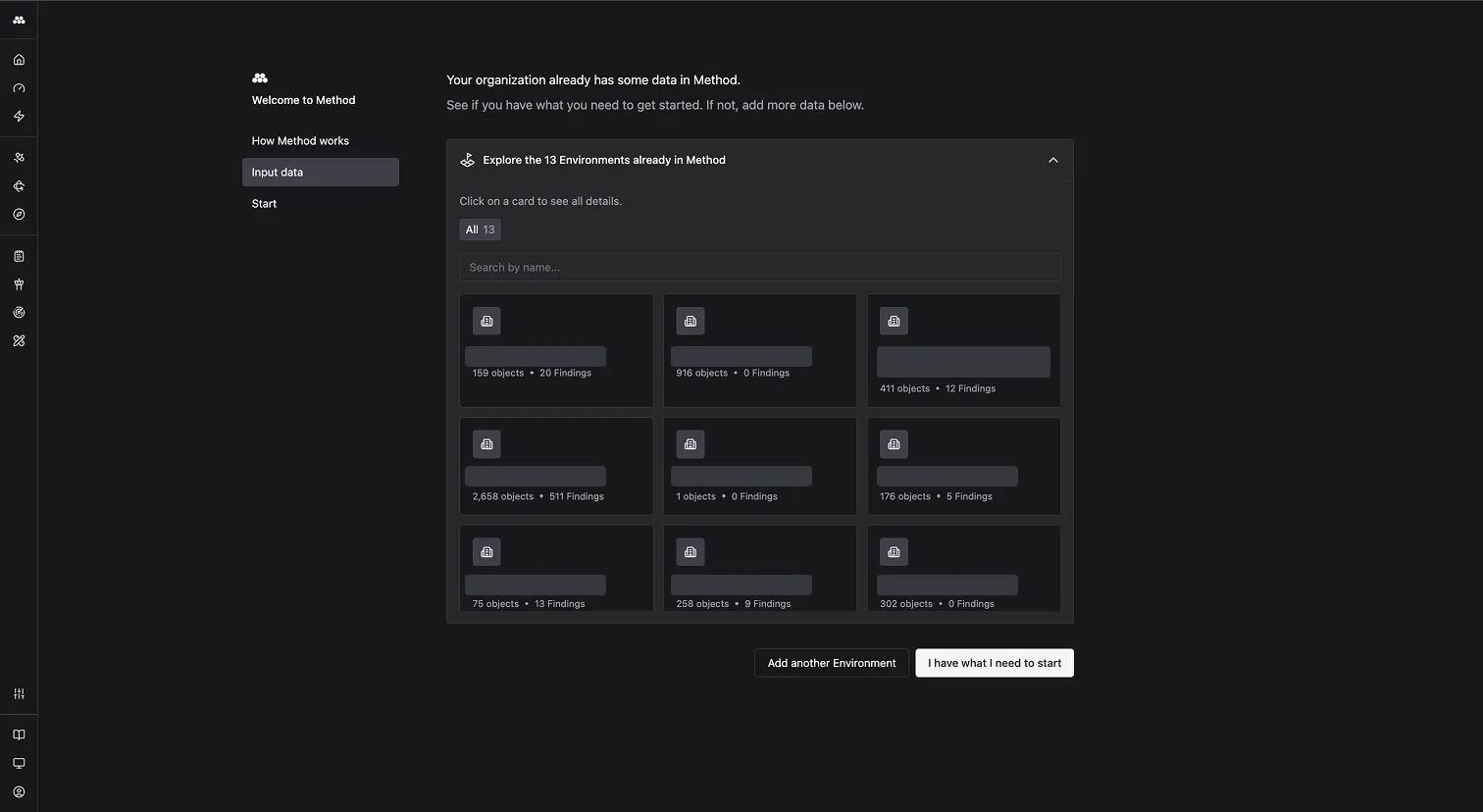 Welcome to Method onboarding wizard on the Input data step, showing a grid of existing Environments with a yellow arrow pointing at the Add another Environment button.