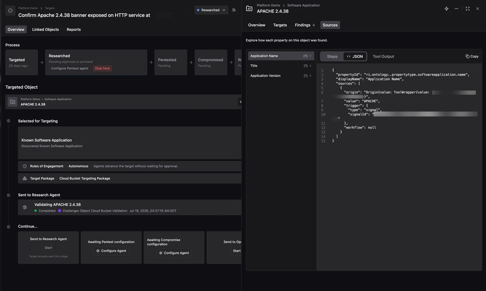Sources tab for the APACHE 2.4.38 Object with Application Name selected on the left and its JSON source record on the right, showing the property's origin and trigger signal