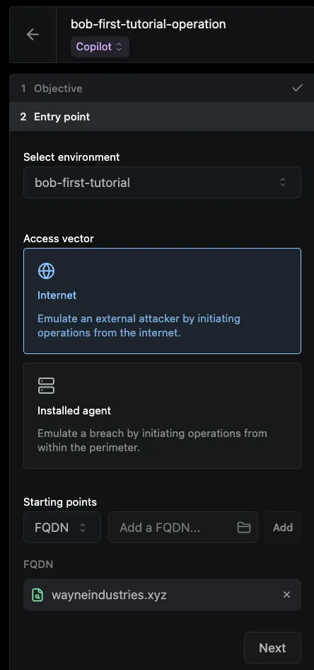 The Entry point step of the New Operation form in Operator, with an Environment selected, the Internet and Installed agent access vector options visible (Installed agent described as emulating a breach by initiating operations from within the perimeter), and a Starting points field with an FQDN added.