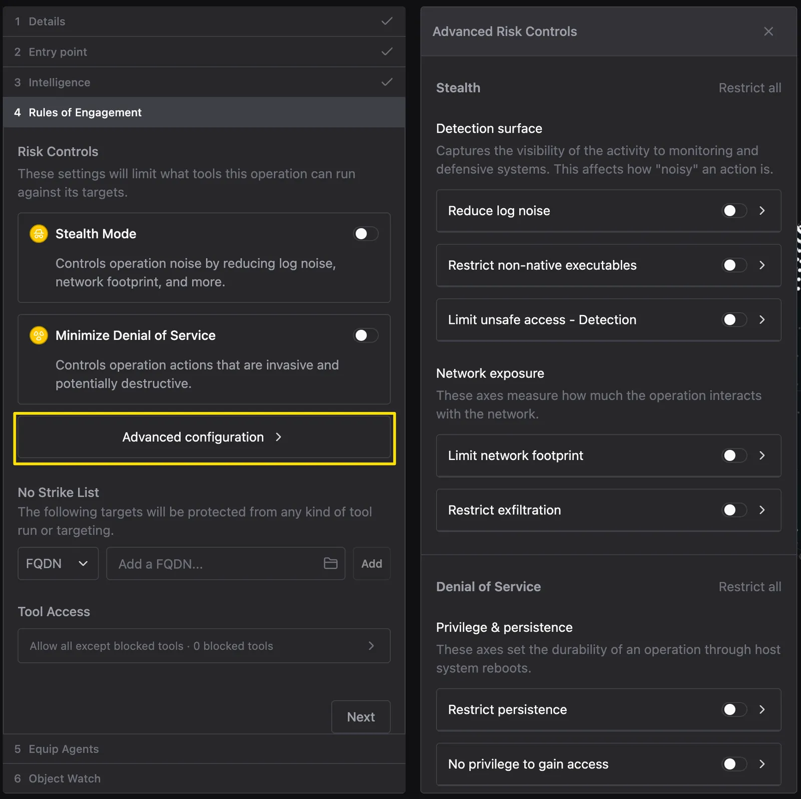 Rules of Engagement step showing Stealth Mode and Minimize Denial of Service toggles above an Advanced configuration button, a No Strike List, and Tool Access, beside an Advanced Risk Controls panel listing individual Stealth and Denial of Service axes with Restrict all options