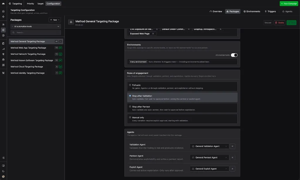 Bottom half of the same Package configuration form, with the All environments toggle on, Rules of engagement set to Stop after Validation, and three Agents assigned: General Validation Agent, General Pentest Agent, and General Compromise Agent.