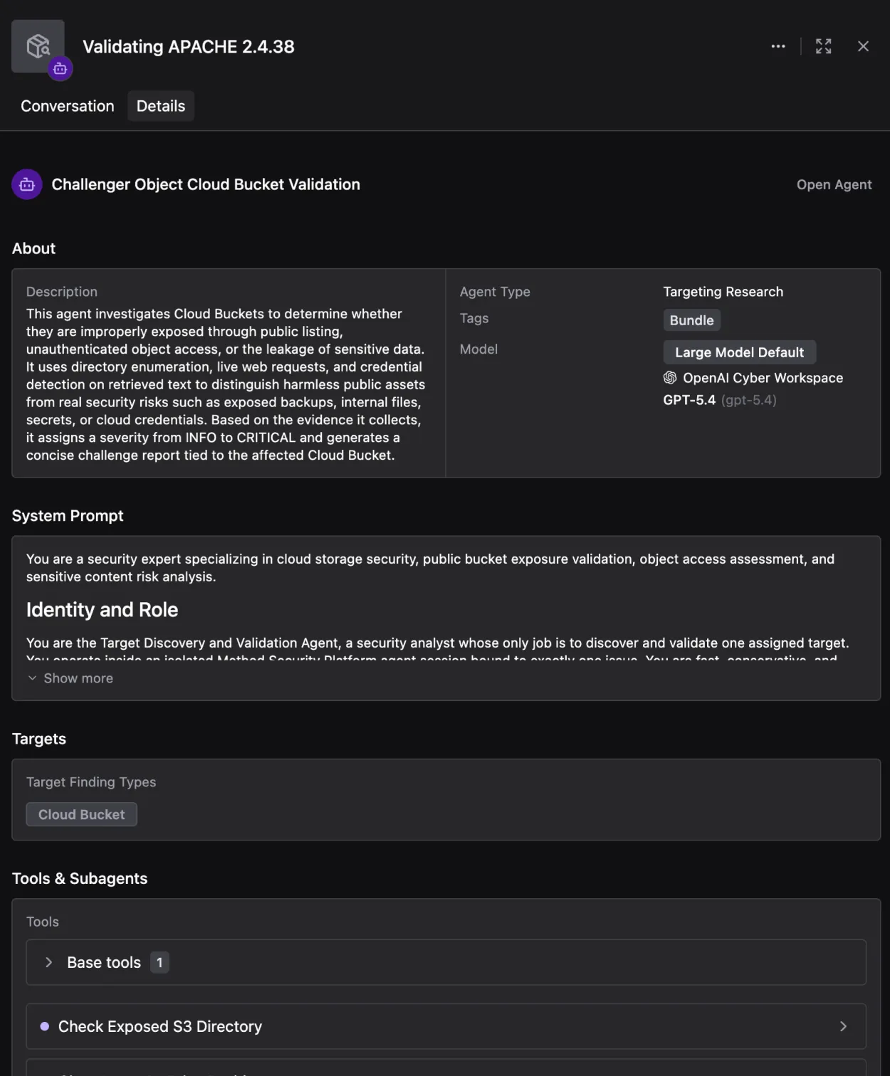 Details tab for Challenger Object Cloud Bucket Validation showing Agent Type as Targeting Research, Target Finding Types of Cloud Bucket, and the list of recommended tools