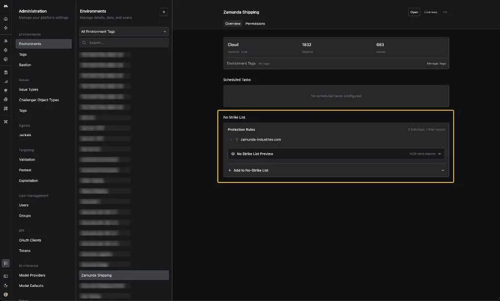 Administration app showing the Zamunda Shipping Environment on the Overview tab, with the No Strike List section highlighted in yellow, a filter-based Protection Rule for zamunda-industries.com, and a No Strike List Preview showing 1,436 Objects under protection.