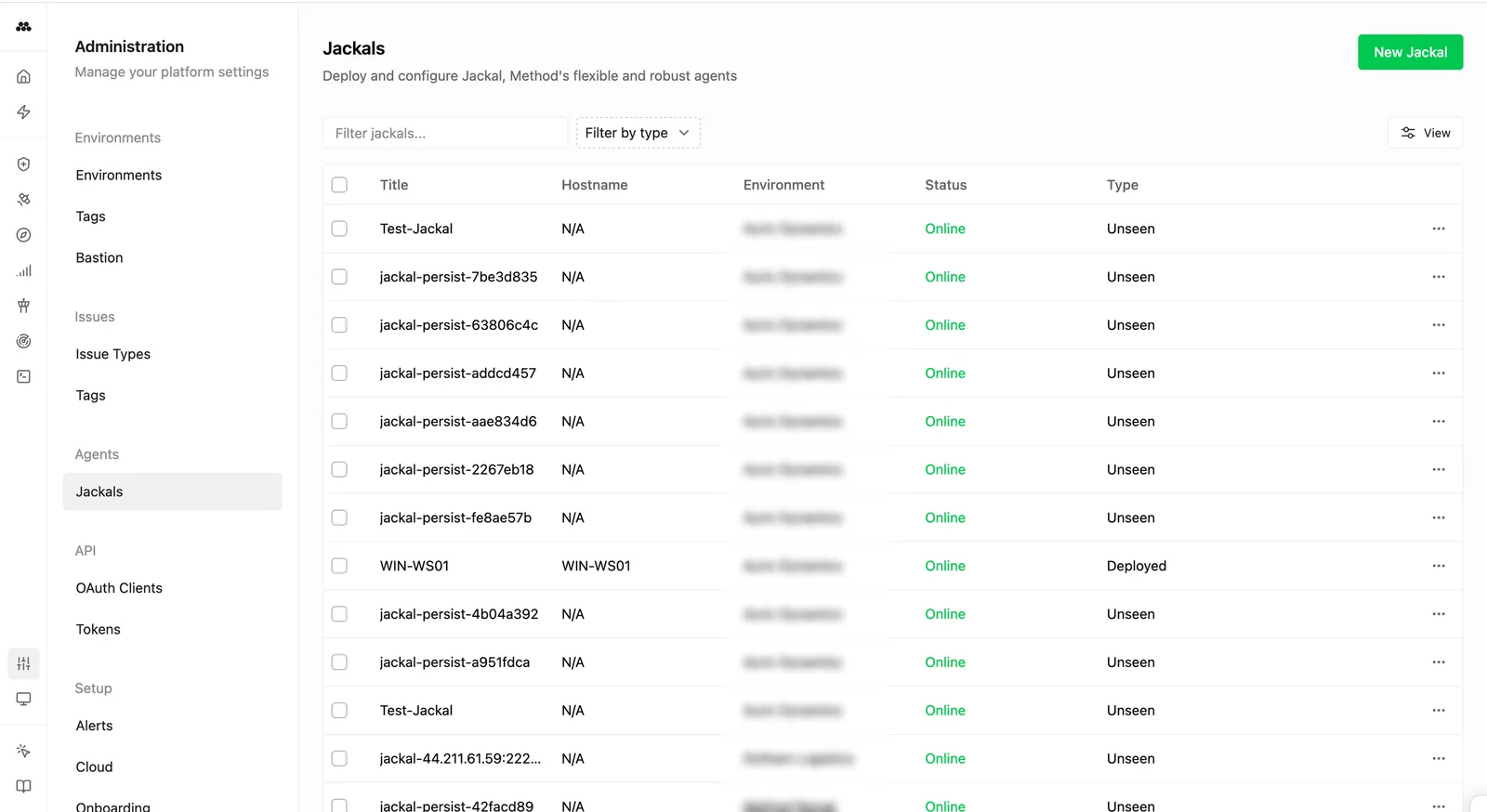 The Administration Jackals page in the Method Platform showing a list of deployed Jackals with columns for Title, Hostname, Environment, Status, and Type. Each row shows a healthy Online status indicator.