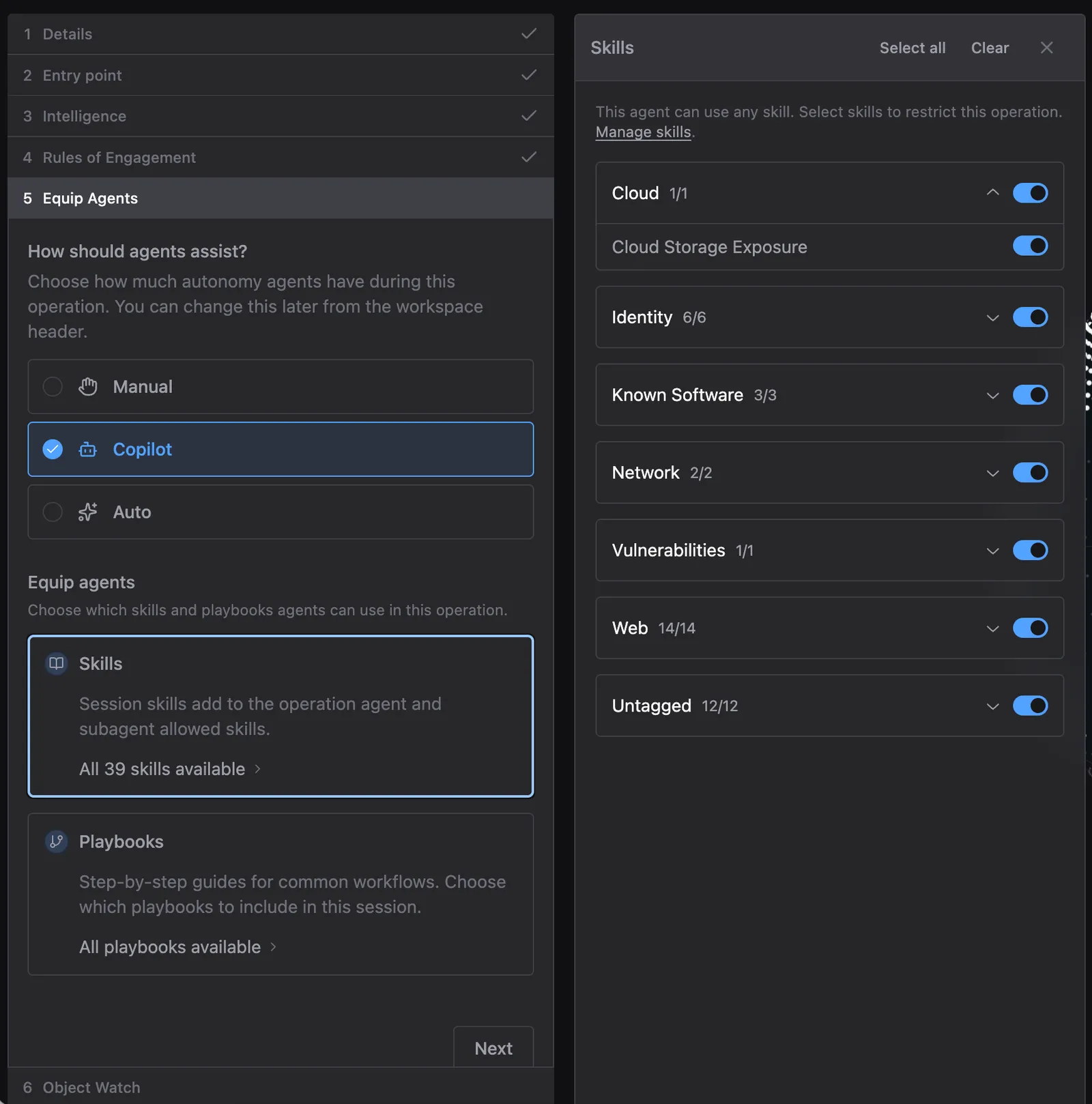 Skills panel grouped into the categories Cloud, Identity, Known Software, Network, Vulnerabilities, Web, and Untagged, each with a toggle and a count of selected Skills, plus a Manage skills link and Select all and Clear controls