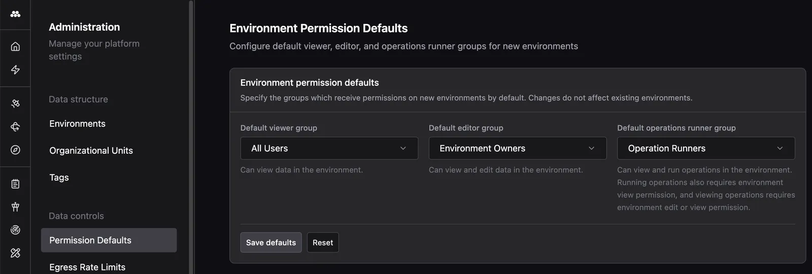 Default permissions controls for new environments