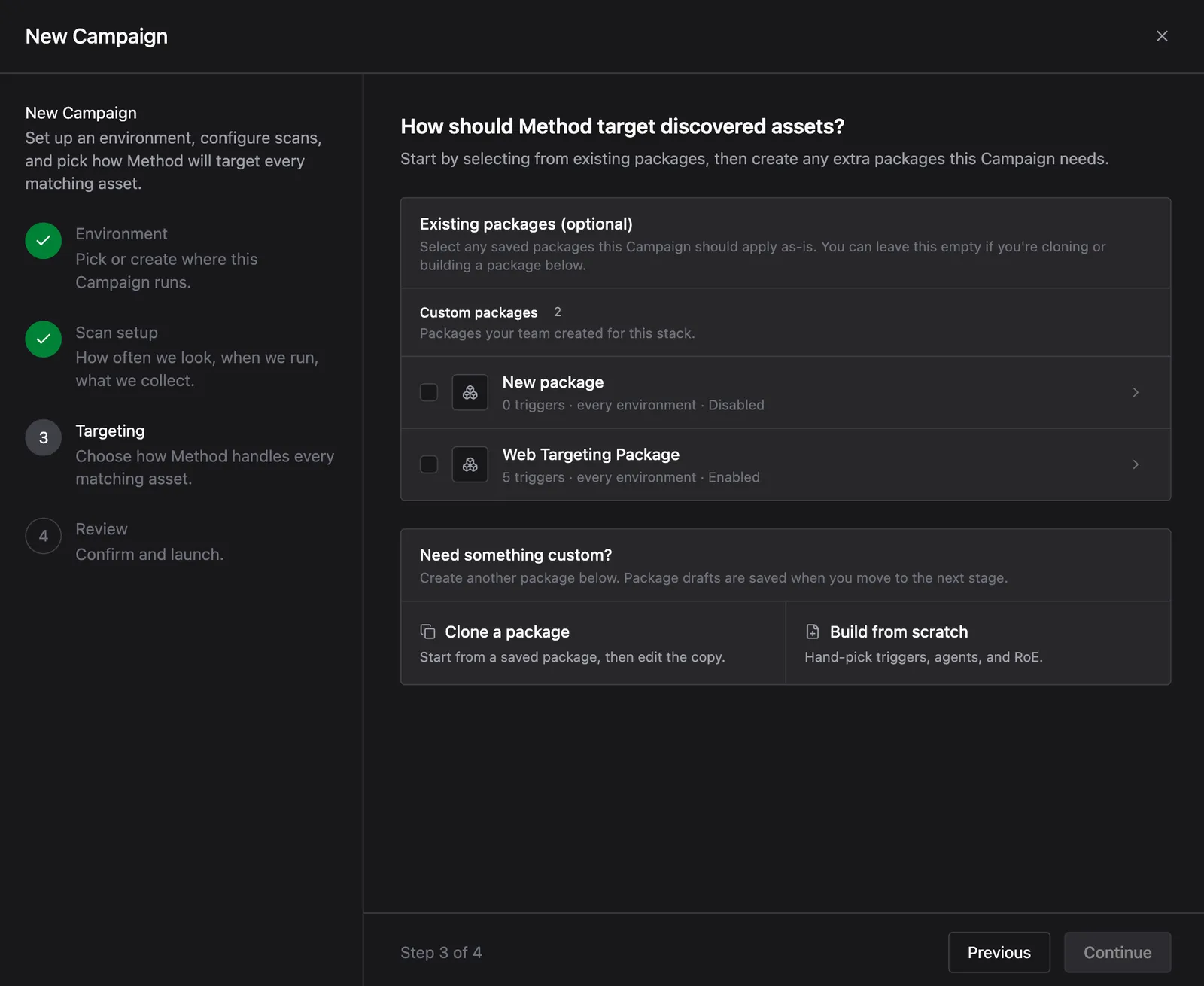 New Campaign wizard on the Targeting stage, selecting existing and custom packages