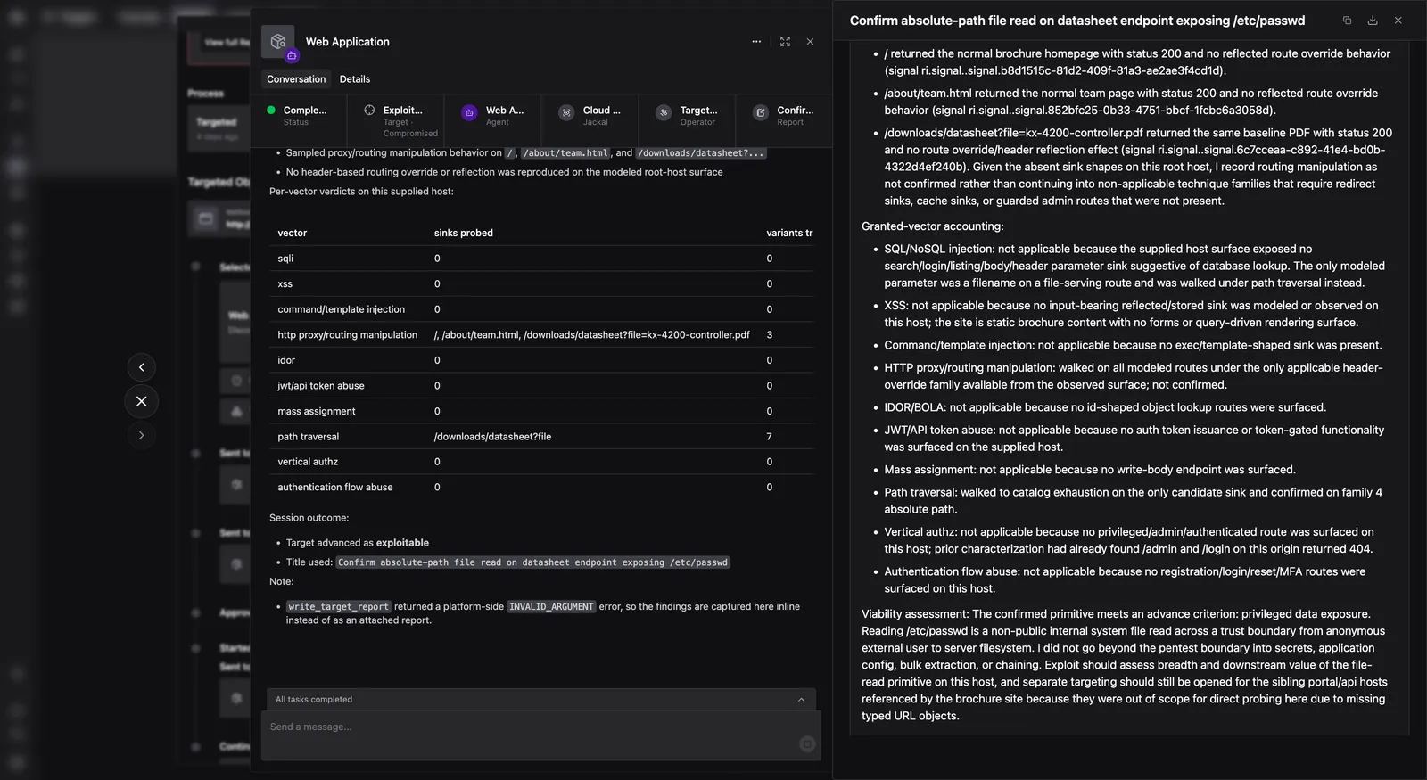 Pentest Agent session showing the verdict table, session outcome, and viability assessment.