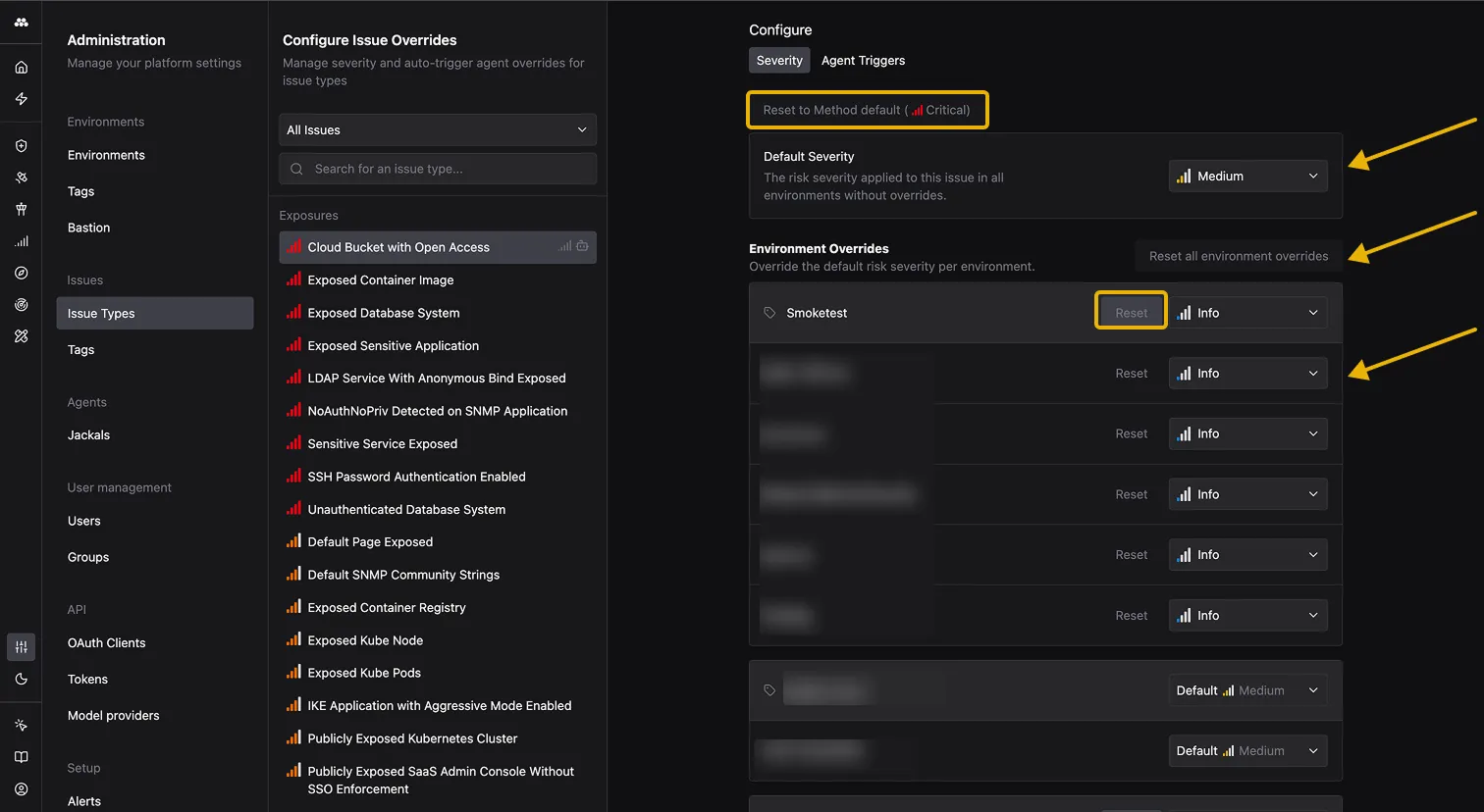 Severity configuration showing Default Severity dropdown and per-environment override dropdowns